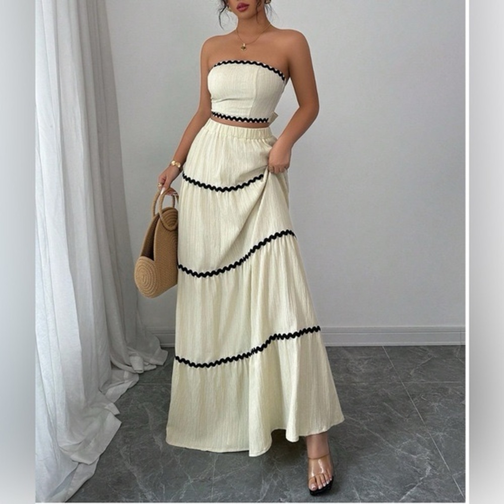Boho Applique Cropped Bandeau Top And Skirt Set Beige